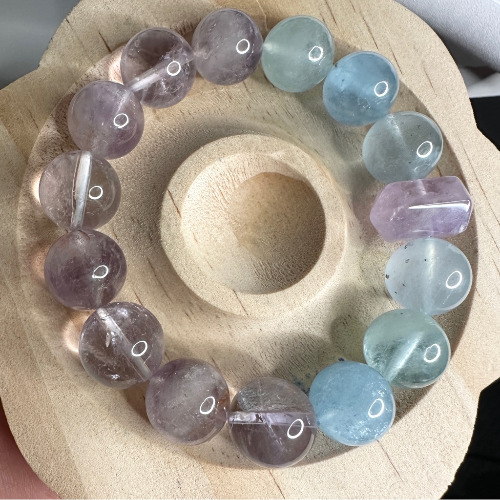 6.5 Inch Amethyst And Blue Fluorite Beaded Bracelet 13 Mm